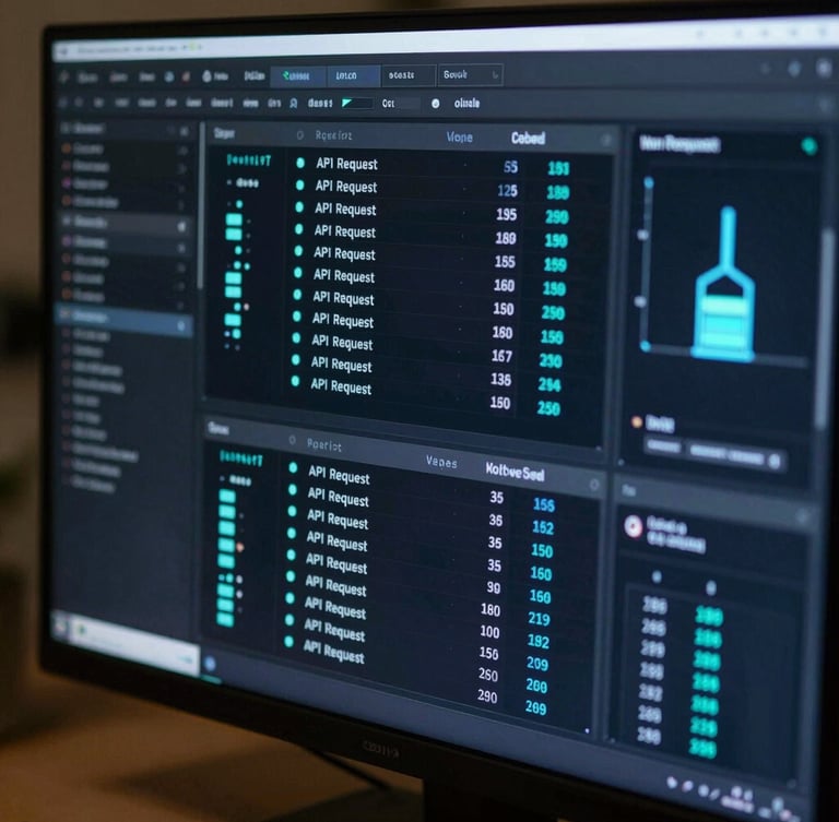 A close-up high-fidelity pipeline dashboard displaying API request rates and database queries, glowing electric-indigo on a dark IDE interface.