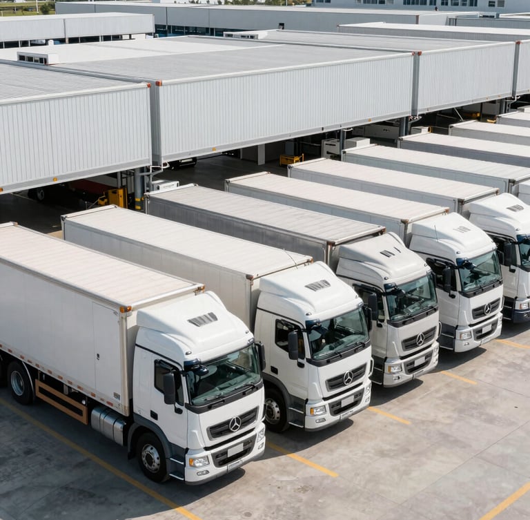 Wide environmental shot of a modern refrigerated logistics terminal, crisp daylight, professional cargo transport trucks lined up in a structured grid, 35mm photography