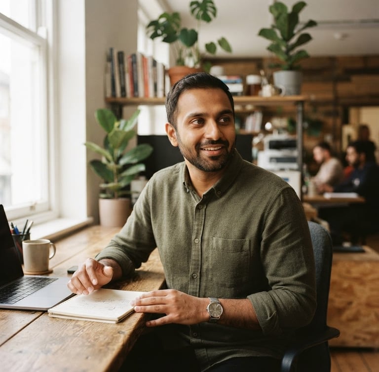 Warm-toned portrait of Shaheerali in a natural work environment, medium close-up, soft depth of field, natural window light on the left, looking right, 35mm.