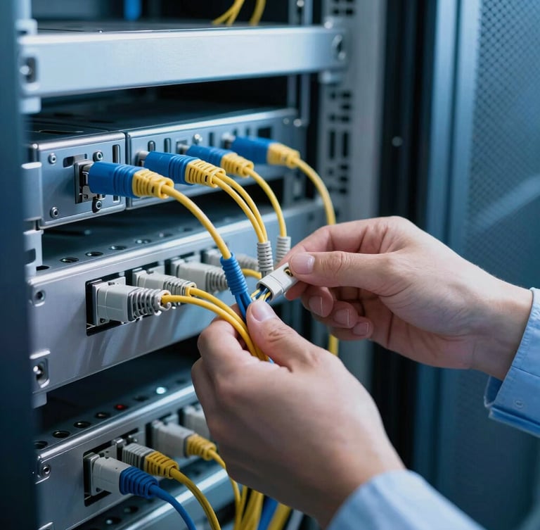 Close-up of a technical engineer in a clean server room, connecting fiber optic cables, sharp focus, cool blue lighting, high contrast.