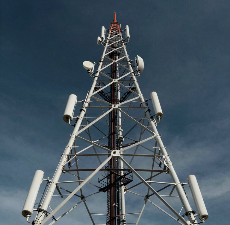 Wide-angle environmental shot of a massive telecommunication tower rising into a dramatic, high-contrast cool sky, sharp architectural details