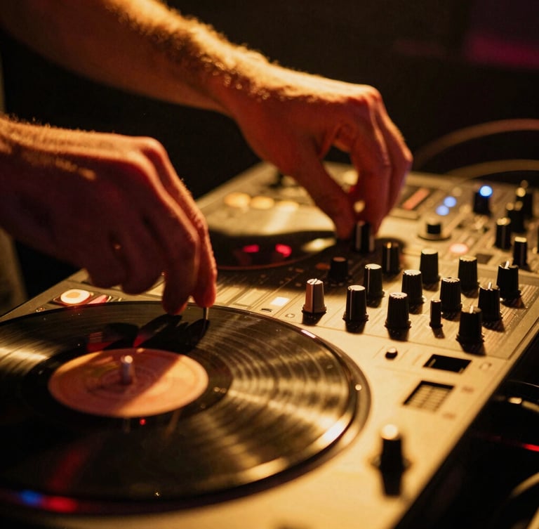 Close-up detail of hands on a vinyl mixer mid-set, dramatic neon gold lighting, heavy shadows, high contrast, motion blur, 35mm film grain