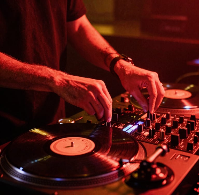 Close-up of professional DJ hands adjusting a gold-accented mixer knob, vinyl spinning on a turntable, low light, warm crimson glow, high contrast
