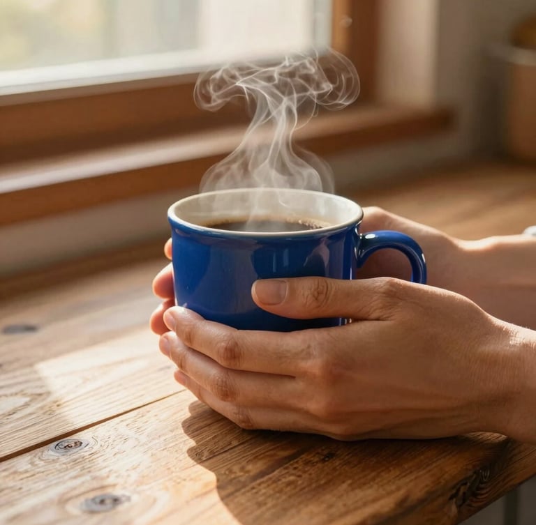 Close-up of hands gently cradling a warm, cobalt blue stoneware mug, steam rising from coffee, on a rustic wooden kitchen counter bathed in warm golden-hour window light, shallow depth of field.