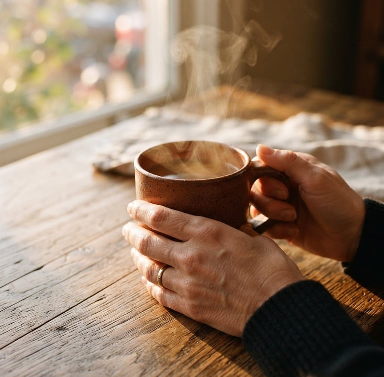 Close-up of hands holding a warm terracotta mug, steam rising, on a rustic wooden table under golden-hour window light, shallow depth of field, rich saturated colors, tactile textures.