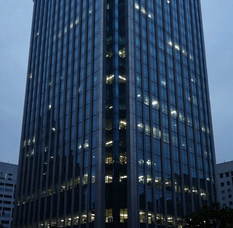 A sharp corporate office building reflecting cool blue-hour light in Mumbai's financial district, architectural depth of field, 35mm