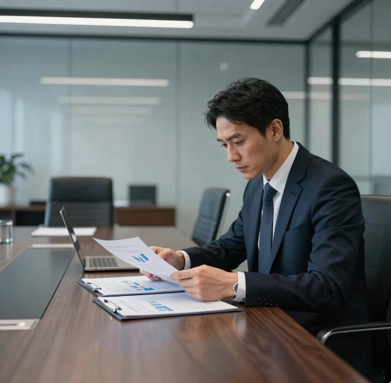 A high-end corporate boardroom with sharp cool-toned office lighting, a professional executive in deep focus looking over financial reports, 35mm