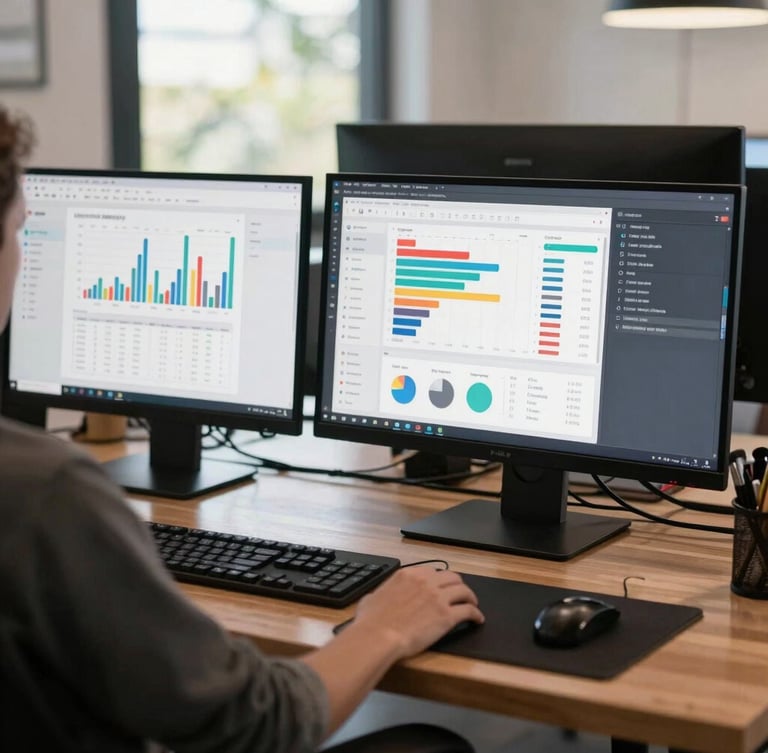 A high-contrast digital workspace showing analytics dashboards and campaign metrics under bright Queensland daylight.