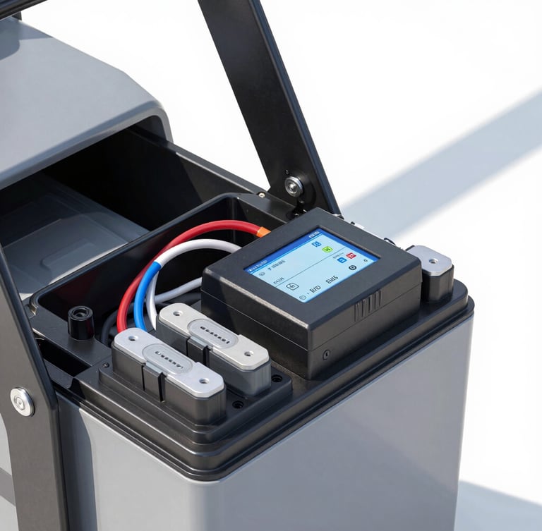 Close-up of a modern electric loader battery compartment showing clean wiring, a smart BMS system, and robust metal frame under bright natural daylight, crisp focus, 50mm