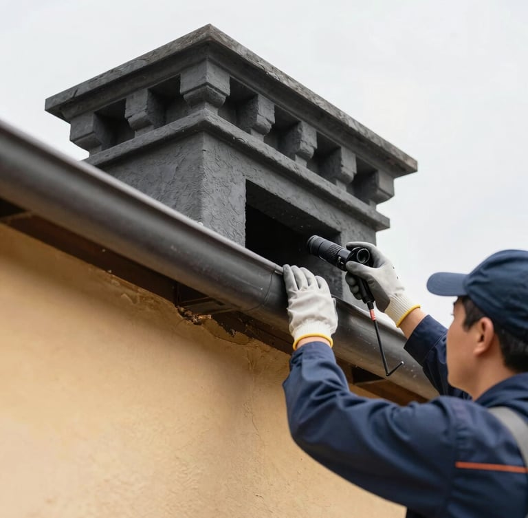 Professional chimney technician in a clean uniform, wearing gloves, carefully inspecting a flue liner with a specialized camera, natural daylight, crisp focus on the technical detail, architectural shot.