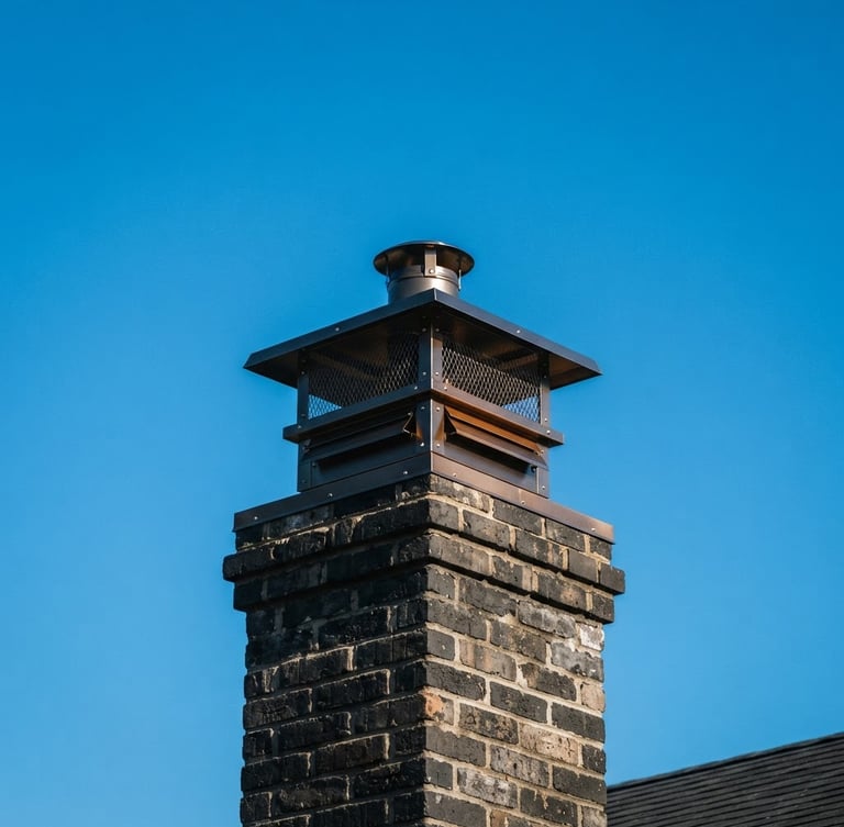 High-contrast architectural shot of a clean chimney cap against a clear sky, natural daylight, sharp details.