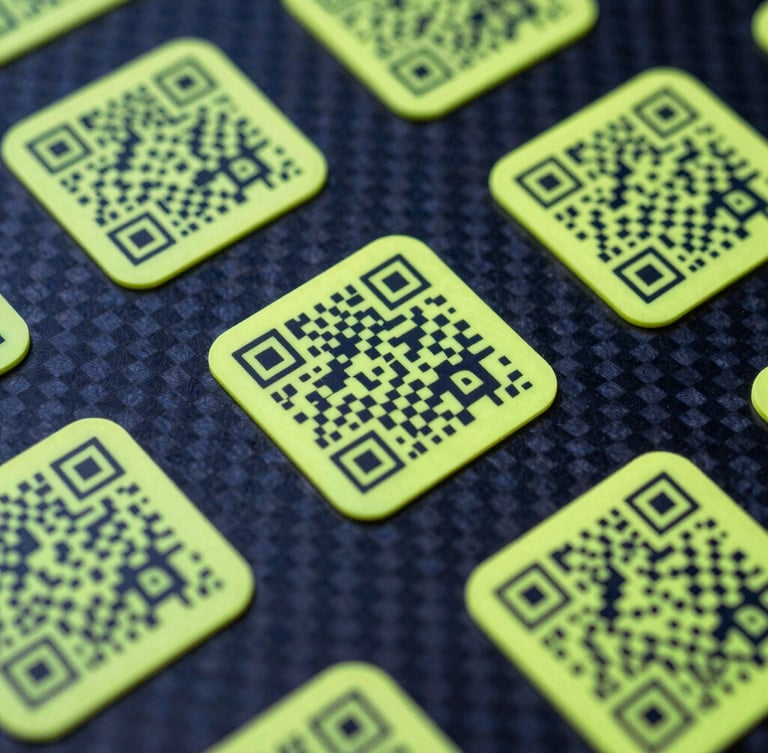 Premium physical QR tags on a carbon fiber surface, high-contrast studio lighting, sharp neon yellow edge-glow, macro 35mm focus