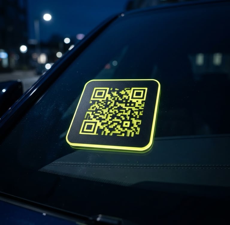 Sleek physical QR tag on a premium car windshield, macro shot, neon yellow edge-glow, deep midnight blue ambient background, 35mm