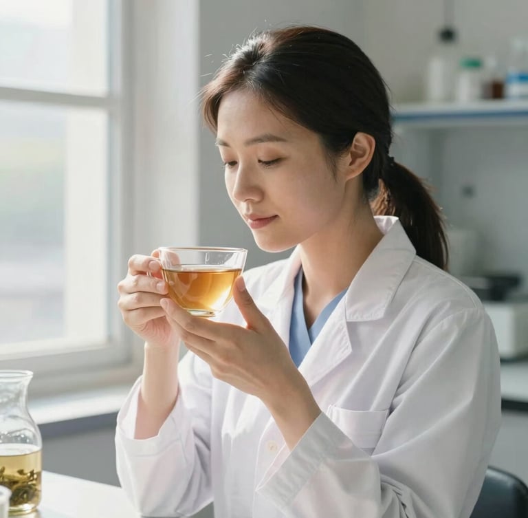 A warm peaceful lifestyle scene of a healthy woman enjoying a cup of herbal tea by a sunlit window, soft daylight, shallow depth of field, warm tone