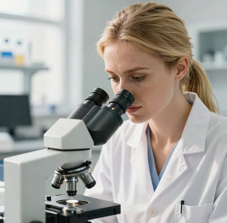 Medium close-up of a beautiful professional blonde female technician with radiant skin, wearing white lab coat, focused on looking into a microscope in a bright warm sunlit modern laboratory, shallow depth of field, 35mm