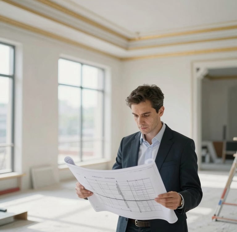 Architect reviewing blueprints on a construction site, focused on details, bright natural daylight, crisp lines, 35mm tilt-shift lens.