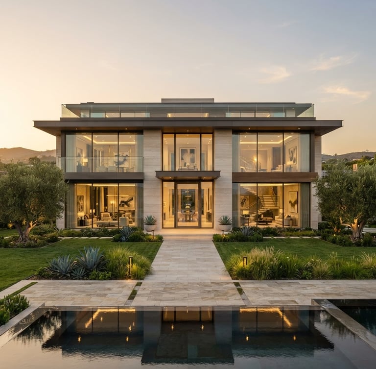 Exterior view of a modern luxury villa at golden hour, clean architectural lines, large windows, manicured landscaping, bright natural daylight, straight-on architectural one-point perspective.