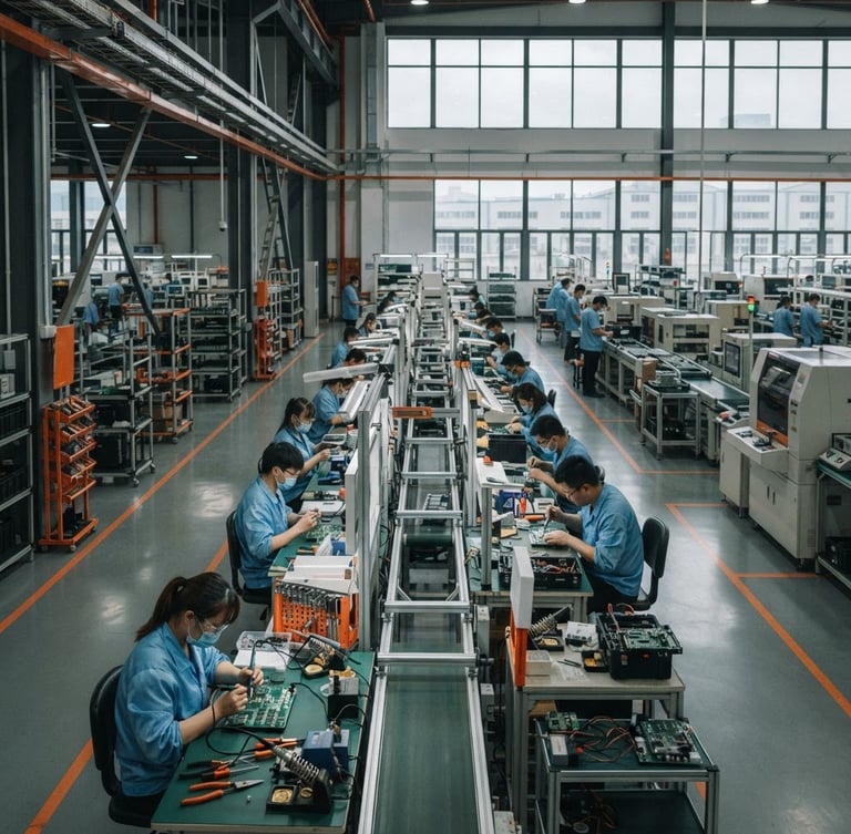 Wide-angle industrial documentary photography of a modern, highly organized electronics assembly line in Shenzhen, cool overcast daylight, desaturated steel and safety orange accents, sharp focus.