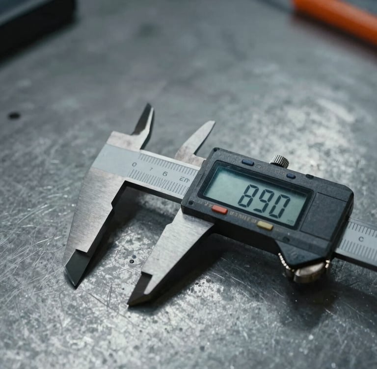 Macro close-up of a product prototype being measured with a digital caliper on a metal workbench, cool industrial daylight, high contrast, desaturated steel tones