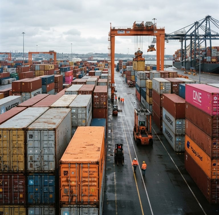 High-contrast documentary photography of organized shipping containers at a modern marine terminal, cool overcast daylight, desaturated steel and safety orange tones, sharp 50mm lens
