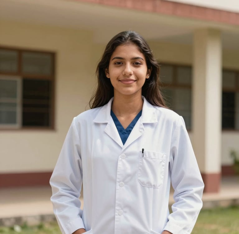 Medium environmental portrait of a Brazilian medical student in Paraguay, wearing a white lab coat, standing confidently in front of a university building, bright natural daylight, warm sun-drenched tones, purposeful and candid.