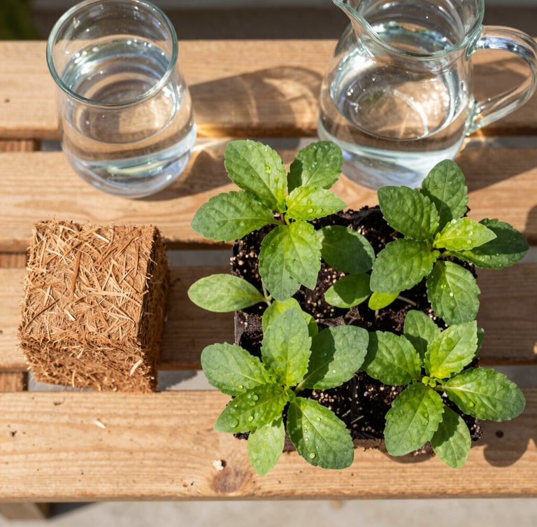 Overhead flat-lay of a wooden potting bench with a dry coir block, a pitcher of water, and young green seedlings sprouting, bright greenhouse sunlight, 35mm