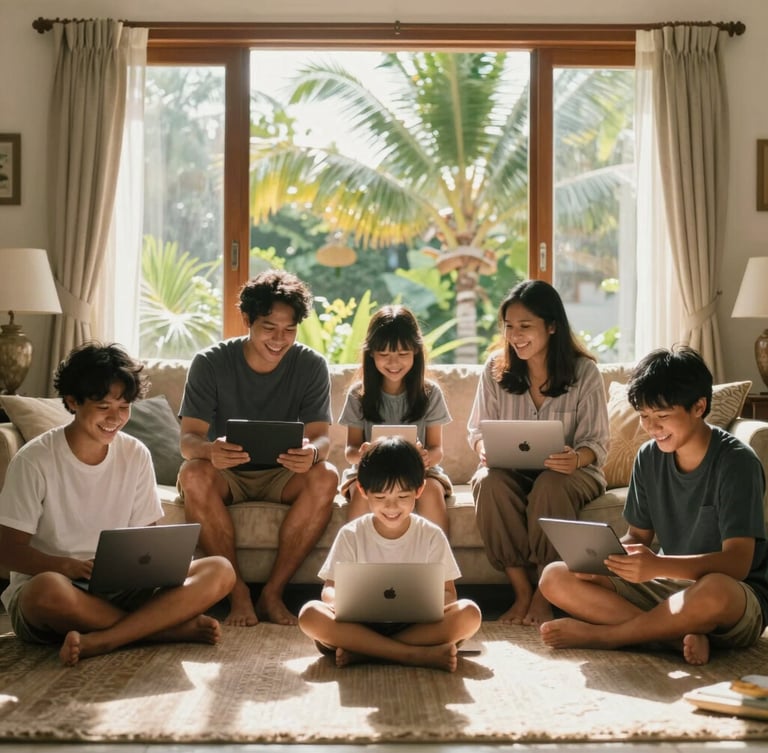 A warm, bright living room in Indonesia where a family is laughing and using multiple devices together, tropical daylight streaming through the window.