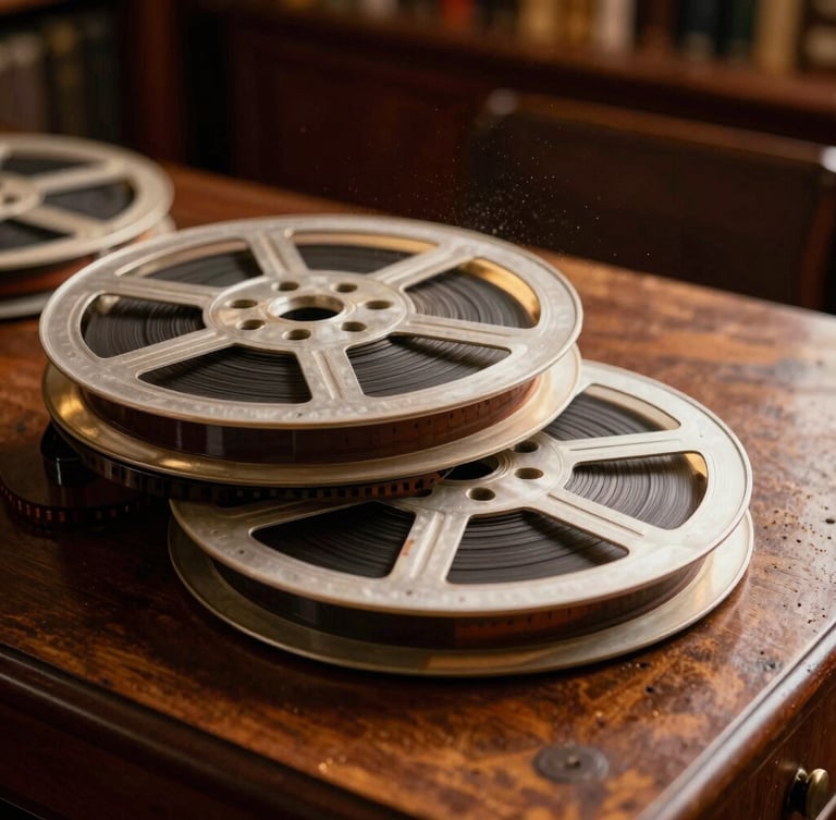 Close-up of physical 35mm film reels stacked on an archival wooden table, warm scholarly library lighting, dramatic chiaroscuro, soft dust particles in the air, editorial photography.