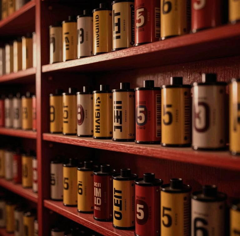 Warm environmental shot of a vintage 35mm film archive, rows of film canisters on dark wooden shelves, scholarly library lighting, cinematic chiaroscuro with deep crimson tones.