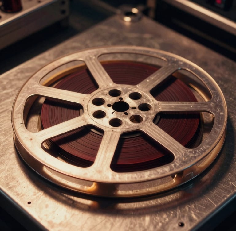 Close-up of a vintage 35mm film reel on a metal editing table, warm dramatic chiaroscuro lighting, deep crimson and gold tones, cinematic grain