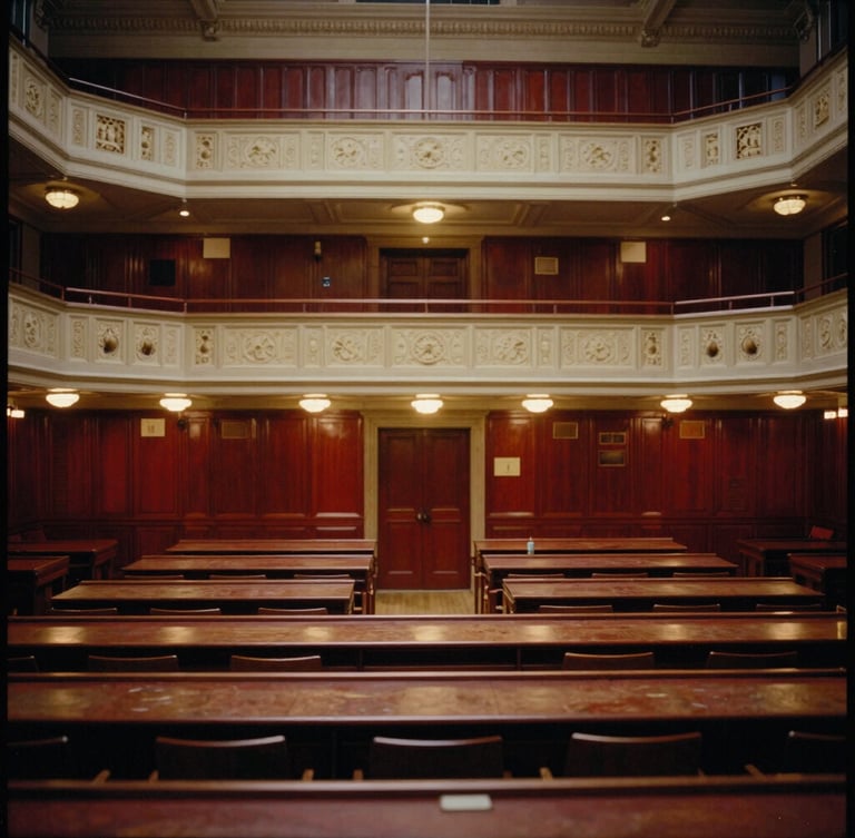 Wide environmental shot of a historic university lecture hall with warm scholarly lighting, architectural details of cultural venues, 35mm film grain