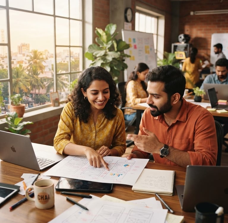 A warm editorial medium shot of two Indian marketing professionals collaborating over design wireframes in a sunlit Chennai creative studio, 35mm lens, natural light.