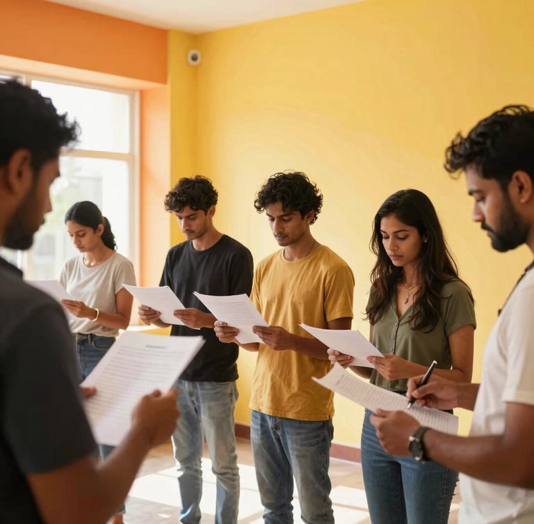 Behind-the-scenes warm editorial photo of an active model casting call in a bright Chennai studio, with Indian casting directors reviewing portfolios under natural sunlight, 35mm lens.