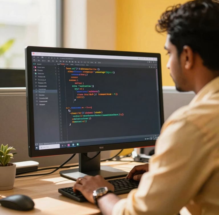 Warm natural sunlight, close-up of a modern Indian developer in a Chennai office analyzing clean code on a screen, 35mm lens, soft shadows