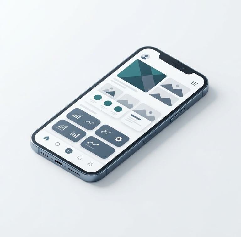 Minimalist isometric mockup of a high-fidelity mobile application interface on a bright white studio background, sharp focus, clean tech product photography