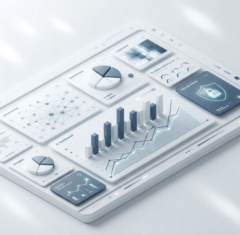 Isometric high-fidelity UI mockup of a secure financial dashboard with clean data visualizations, bright studio lighting, white and slate tones