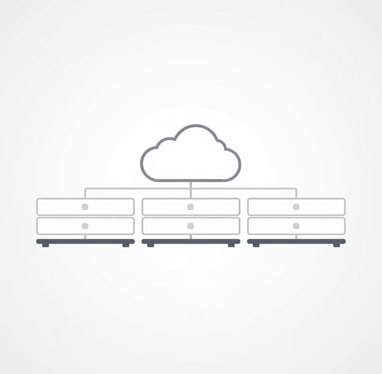 Minimalist architectural schematic of a secure cloud database structure, clean lines, high-key white background, slate accents