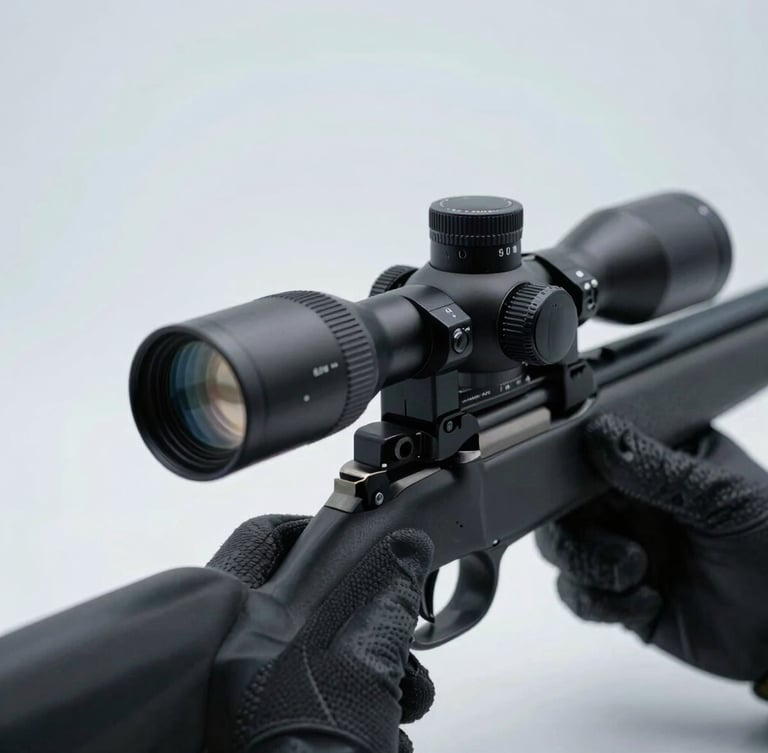 Close-up of gloved hands carefully placing an optic onto a dark, premium rifle chassis, clean workshop background, moody cool white lighting, 50mm lens.