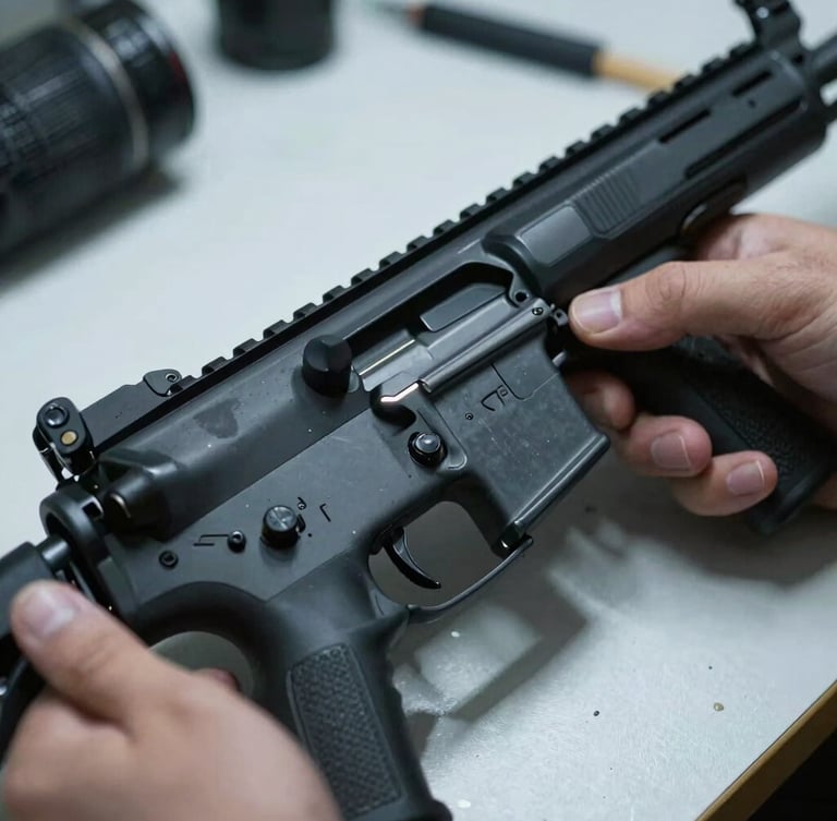 Macro close-up of hands carefully assembling a black firearm receiver on a clean, organized workbench, moody side-lighting, cool white highlights