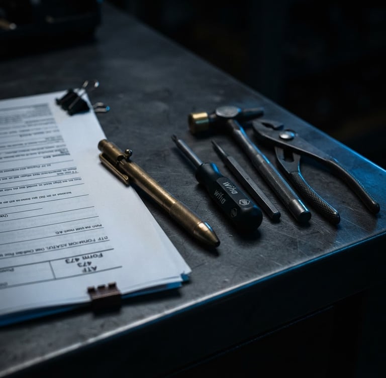 Macro close-up of a clean dark desk with FFL paperwork, a brass pen, and assembly tools under moody side-lighting, deep blue rim highlights.