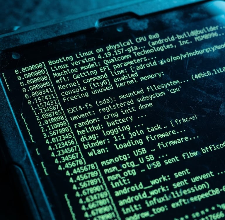 Extreme macro shot of a rugged Android tablet screen displaying terminal kernel boot logs, cool blue and neon green ambient lighting, sharp technical focus
