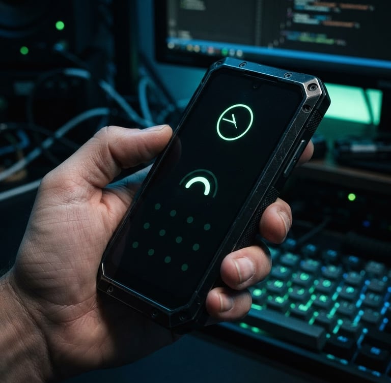 Extreme close-up of a developer workspace, a hand holding a custom mobile device running a clean minimalist launcher interface, sharp focus on hardware texture, neon green ambient glow.