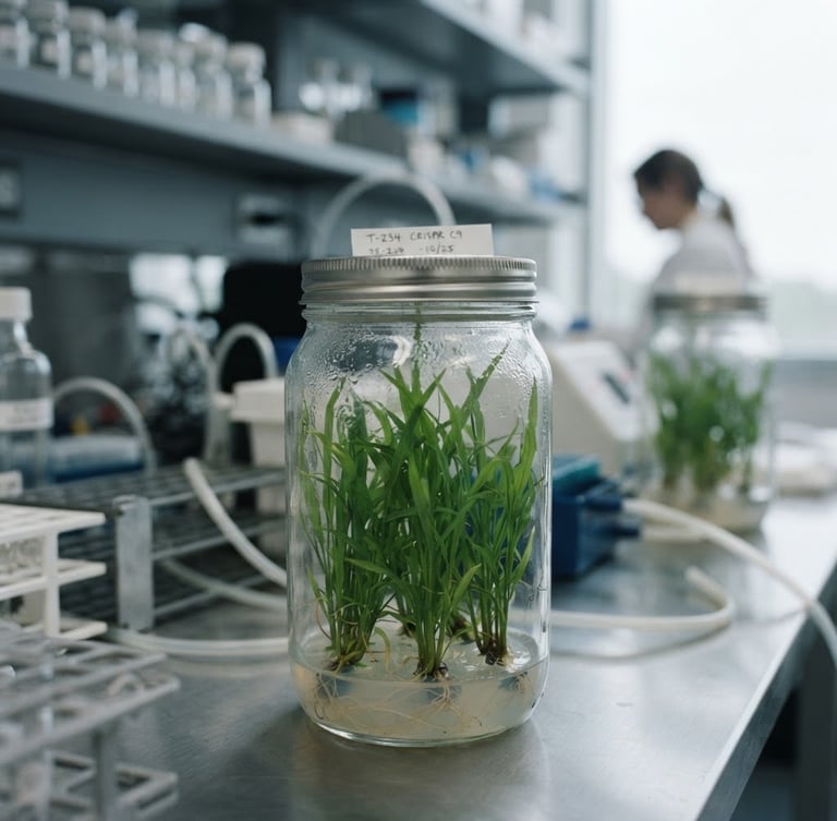 Macro close-up of gene-edited crop trials in a sterile laboratory, cool slate and deep green tones, crisp detail, 35mm lens