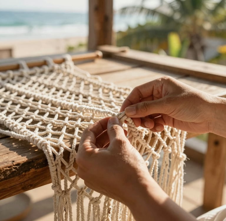 An artisan's hands carefully knotting a complex macrame garment, warm natural light, rustic wooden workshop background, focus on hands and cotton thread
