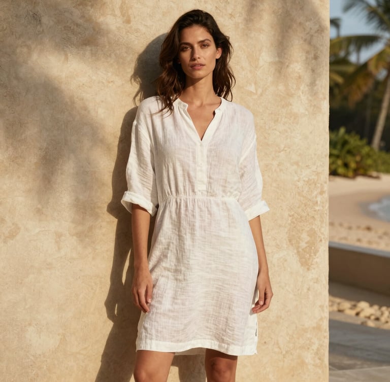 A woman in a white linen dress standing against a rustic textured plaster wall, warm sunlight, soft shadows, editorial fashion photography, 35mm.