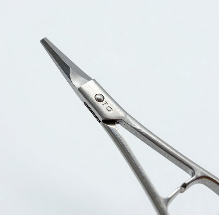 Satin-finished surgical steel forceps close-up, showing fine serrations and laser-etched serial numbers, clean sterile white background, cool studio lighting, sharp macro detail, 100mm lens