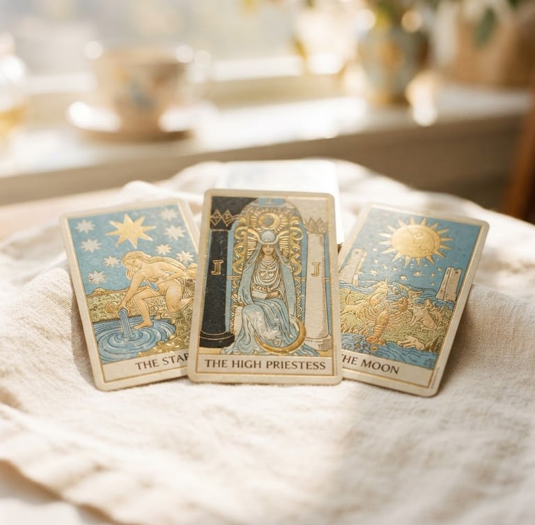 A portrait-oriented close-up of gold-foiled tarot cards resting on a light linen cloth, bathed in bright, high-key natural golden-hour sunlight, shallow depth of field, elegant and luxurious.