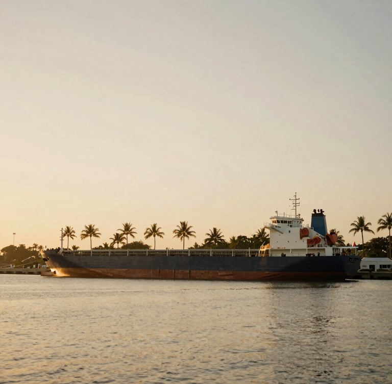 A wide cargo ship docked at a tropical port during golden hour, palm trees silhouetted in the distant background, warm soft lighting, 35mm