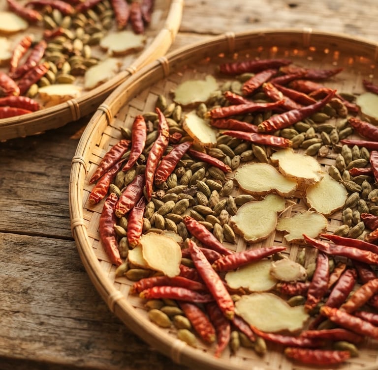 Overhead macro shot of traditional sun-drying mats on natural wood, featuring whole red chilies, cardamom pods, and ginger slices in warm golden-hour window light, 35mm.