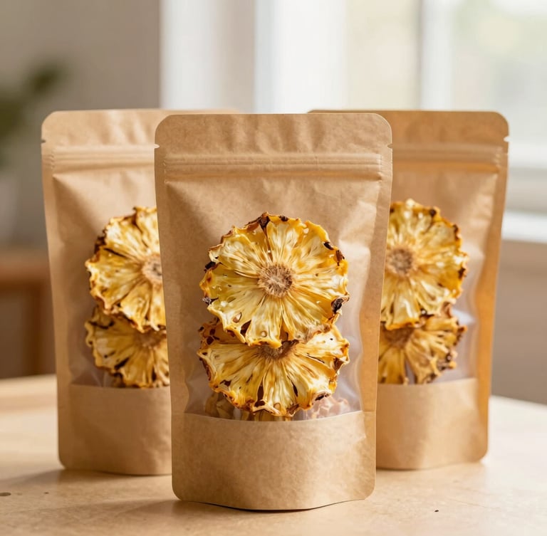 A portrait orientation photo of sealed kraft paper pouches with clear windows displaying vibrant dried pineapple slices, resting on a warm cardamom beige surface, gentle window light, shallow depth of field.